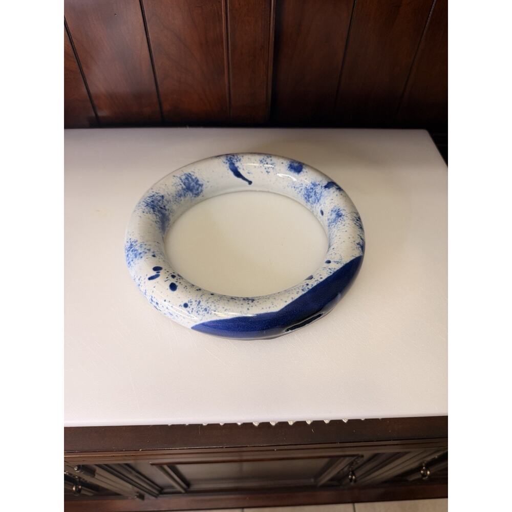 Modern Studio Pottery Ceramic Ring Sculpture Blue White Splatter Decor